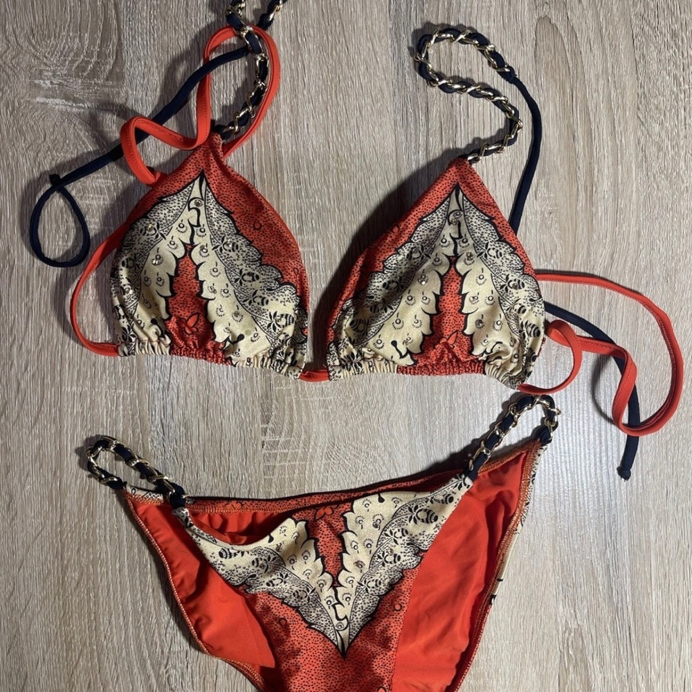 Sauvage California  Triangle Bikini Set Rhinestones Gold Chain Red Black S/M